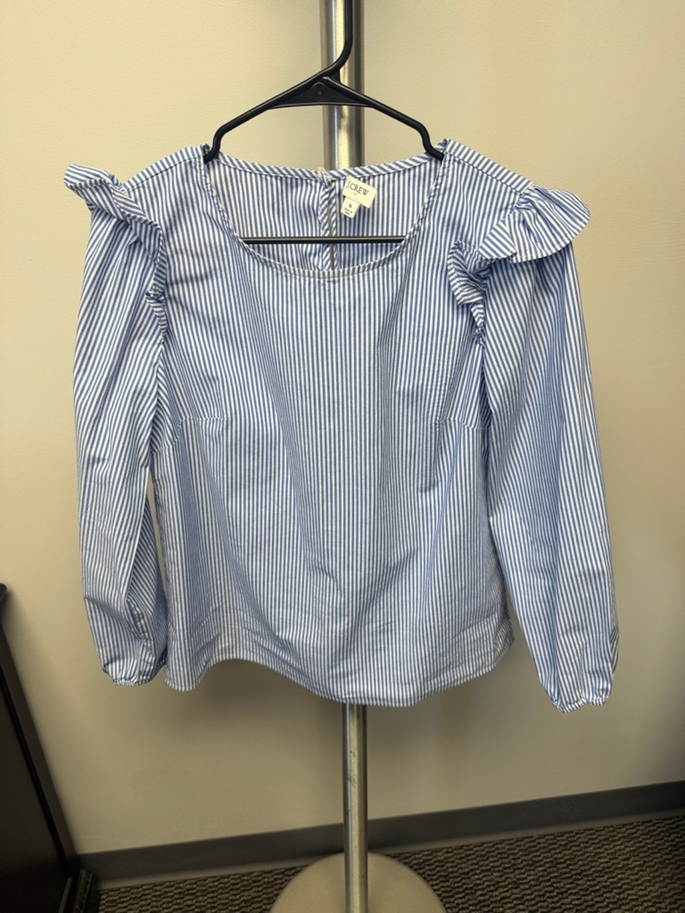 J. Crew Blue and White Striped Ruffle Shoulder Top